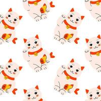 cute cat doll maneki with fish seamless pattern vector