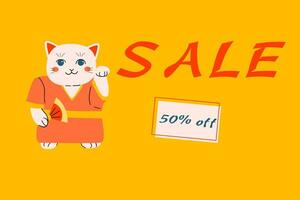 sale banner with japanese cat in kimono maneki vector