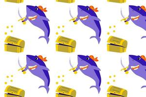 shark cartoon pattern with golden elements vector