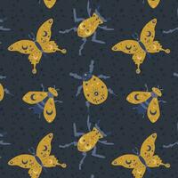 magical insect on dark backdrop seamless pattern vector