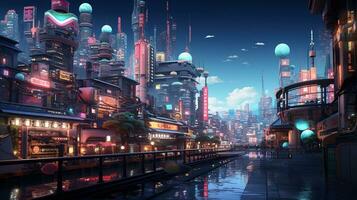 AI generated Generative AI, Futuristic Japanese city in cyberpunk style,  metaverse asian town, retro futurism photo