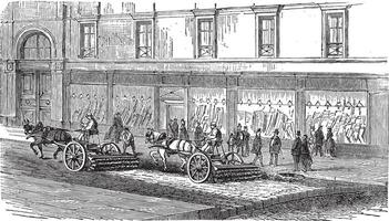 People sweeping the street with carts vintage engraving vector