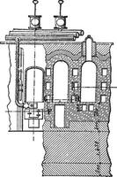 Furnace coke, Carves system, Elevation and cross-cut, vintage engraving. vector