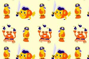 colourful fish and crab and parrot pirate pattern vector