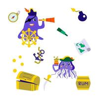 set of cartoon fish pirates octopus and jellyfish vector