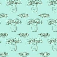 blue seamless pattern with baobab beans and tree vector