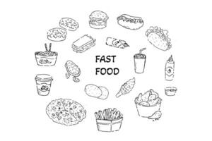 round background fast food set in sketch outline vector