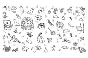 Vector set of doodle outline icons, autumn cozy