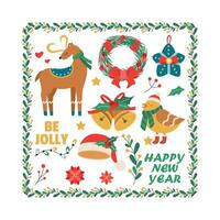 Set of Christmas toy, deer, wreath with mistletoe berries, bird, bell, text, frame. vector