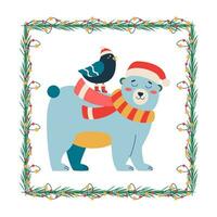 Set of Christmas bear with a red hat and scarf, birds in red hat, frame. vector