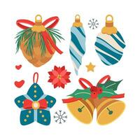 Set of Christmas toy, bells with bow, ribbon, and mistletoe berries. vector