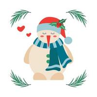 Set of Christmas snowman in a scarf and hat with a sprig of mistletoe, frame with tree branch. vector