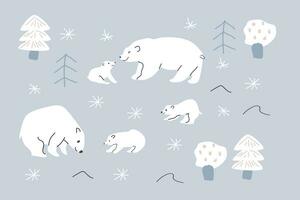 set of cute polar bear moms and kids with trees vector