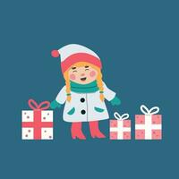 cute girl in winter clothes and gifts vector