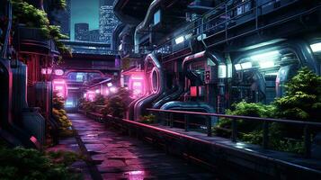 AI generated Generative AI, Futuristic Japanese city in cyberpunk style,  metaverse asian town, retro futurism photo