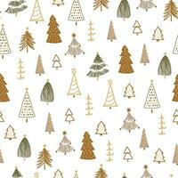 Boho Christmas tree seamless pattern with cute rustic fir trees. Vector repeat background, textile design, New Year wrap paper, fabric, packaging, wallpaper. Hand drawn winter forest illustration.