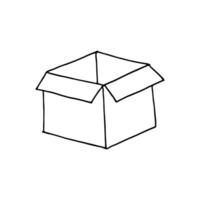 Cardboard box, open and empty. Doodle. Vector illustration. Hand drawn. Outline.