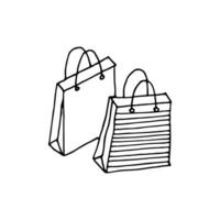 Paper bag, universal packaging and bag with handles. Doodle. Vector illustration. Hand drawn. Outline.