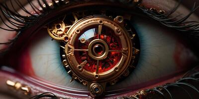 AI generated Generative AI, bionic steampunk eye closeup, fictional ocular implant photo