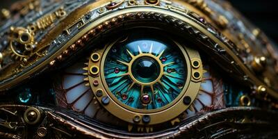 AI generated Generative AI, bionic steampunk eye closeup, fictional ocular implant photo