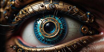 AI generated Generative AI, bionic steampunk eye closeup, fictional ocular implant photo