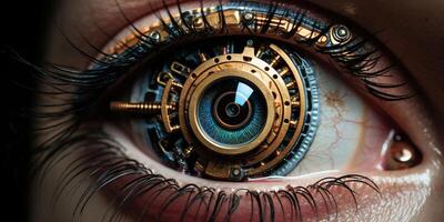 AI generated Generative AI, bionic steampunk eye closeup, fictional ocular implant photo