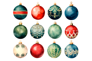 AI generated Watercolor Christmas tree decorations. Bright balls for decoration. png