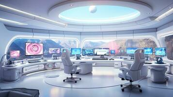 AI generated Generative AI, futuristic white gaming room, cyberpunk style, game modern setup photo