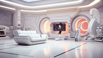 AI generated Generative AI, futuristic white gaming room, cyberpunk style, game modern setup photo