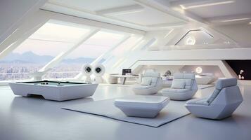 AI generated Generative AI, futuristic white gaming room, cyberpunk style, game modern setup photo