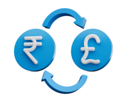 3d vit indisk rupee och pund symbol på avrundad blå ikoner med pengar utbyta pilar, 3d illustration png