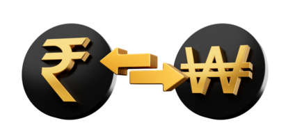 3d Golden Rupee And Won Symbol On Rounded Black Icons With Money Exchange Arrows, 3d illustration png