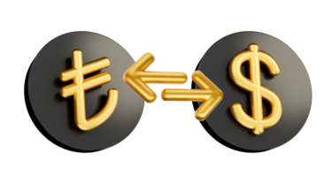 3d golden Lira und Dollar Symbol auf gerundet schwarz Symbole mit Geld Austausch Pfeile, 3d Illustration png