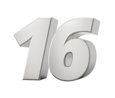 Silver 3d numbers 16 Sixteen. 3d illustration png