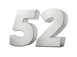 Silver 3d numbers 52 Fifty two. 3d illustration png