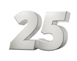 Silver 3d numbers 25 Twenty Five.  3d illustration png