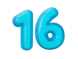 Blue jelly digit 16 Sixteen  Jelly colorful alphabets numbers for kids 3d illustration png