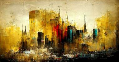 AI generated Generative AI, Colorful and golden watercolor abstract cityscape painted background. Ink street graffiti art on a textured paper vintage background, washes and brush strokes photo