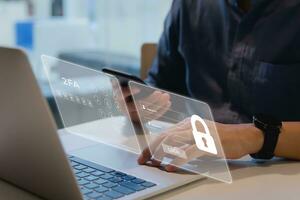 Enhancing cybersecurity with 2FA Two-Factor Authentication, Login Security, User ID Protection, and Encryption to thwart cyber hackers. photo