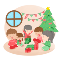 Hand drawn illustrations of family activities on Christmas Day, cartoon illustrations of families doing activities together. png