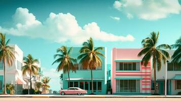 ai generado generativo ai, surrealista Miami ciudad con deco retro edificios, rosado y azul colores, verano vibraciones foto