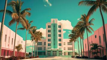 ai generado generativo ai, surrealista Miami ciudad con deco retro edificios, rosado y azul colores, verano vibraciones foto