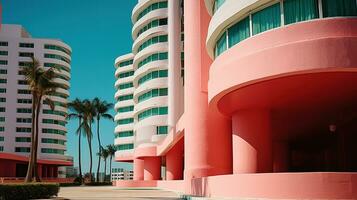 ai generado generativo ai, surrealista Miami ciudad con deco retro edificios, rosado y azul colores, verano vibraciones foto