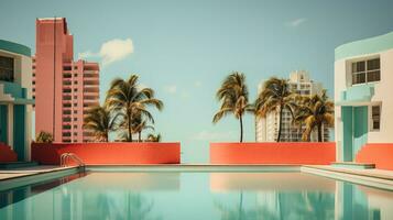 ai generado generativo ai, surrealista Miami ciudad con deco retro edificios, rosado y azul colores, verano vibraciones foto