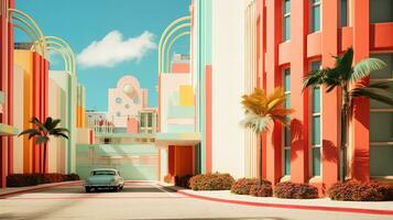 ai generado generativo ai, surrealista Miami ciudad con deco retro edificios, rosado y azul colores, verano vibraciones foto