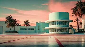 ai generado generativo ai, surrealista Miami ciudad con deco retro edificios, rosado y azul colores, verano vibraciones foto