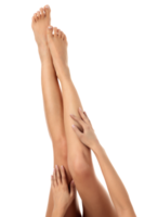 Closeup shot of beautiful female legs and hands. Woman touches her smooth skin with french manicured hands. Isolated png