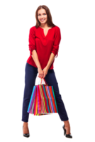 Portrait of young happy smiling pretty woman with shopping bags, isolated png