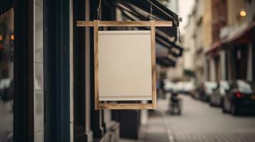 ai generado generativo ai, café tienda calle póster o letrero burlarse de arriba para logo diseño, marca presentación, estético apagado neutral colores, en el pared al aire libre foto