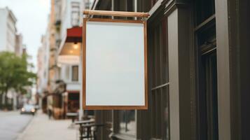 AI generated Generative AI, coffee shop street poster or signboard mock up for logo design, brand presentation, aesthetic muted neutral colors, on the wall outdoor photo